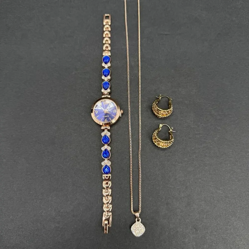 Gold Tone Blue Watch Rhinestone Necklace Hoop Earrings Set 4 Pc Fashion Lot